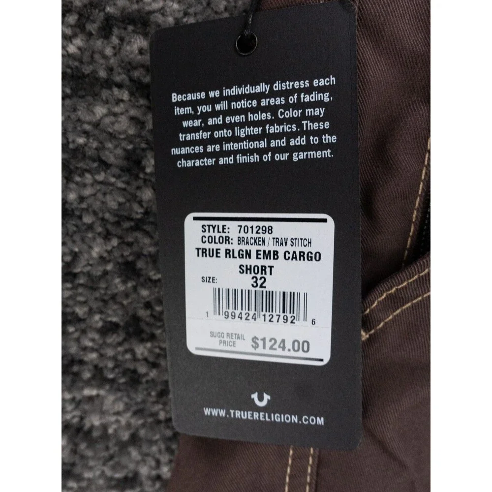 True Religion Cargo Shorts Mens 32 Actual 34 Bracken Brown Logo Outdoor NWT